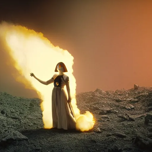 Prompt: The full body shot of beautiful pale woman with white flowers and full-face golden mask inside a thick black smoke in rocky desert landscape, glowing eyes everywhere, burning earth by Gaspar Noe and Christopher Doyle, anamorphic lens, anamorphic lens flares, kodakchrome, cinematic composition, practical effects, award winning photo, 8k,