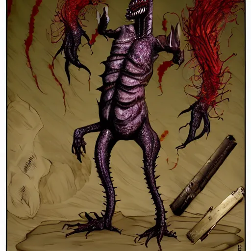 Image similar to big butcher anthropomorphic male lizardfolk posing scarily, scary angry pose, chasing you, bloody, covered in blood, fresh kill, cleaver, in a cave, earie setting, lovecraft eldritch horror, hyperdetailed, furaffinity, anthro art, furry