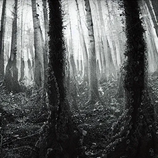 Image similar to night vision tentacles emerging from forest, found footage creepy