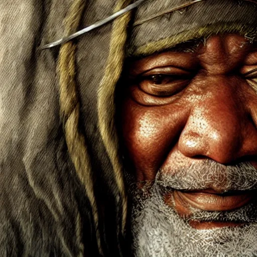 Prompt: morgan freeman as gimli in lord of the rings, high detail shot, smoking, render, cgsociety, photorealism