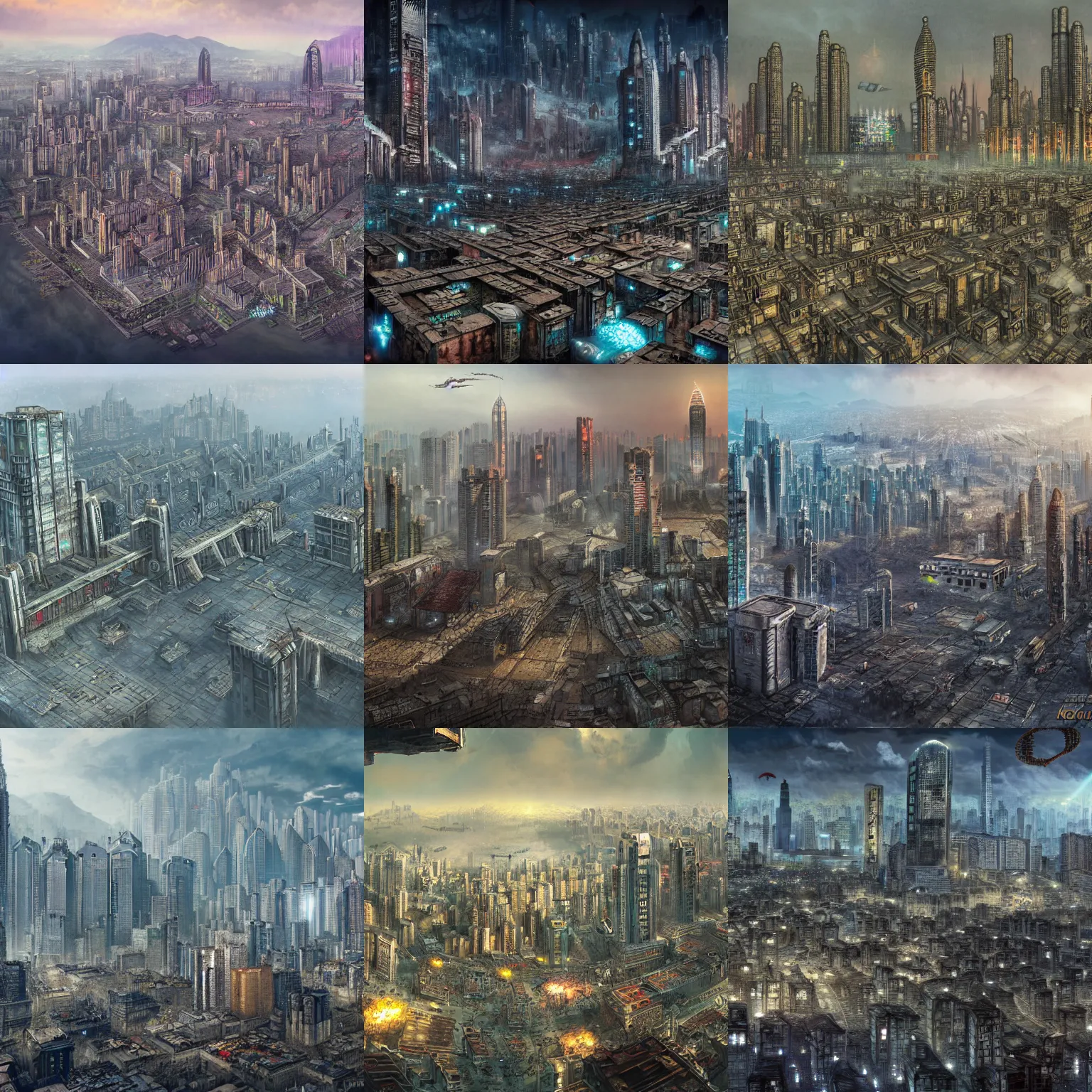 Prompt: megacity, hive city, kowloon walled city, futuristic, dystopia, matte painting, in style of Fenghua Zhong