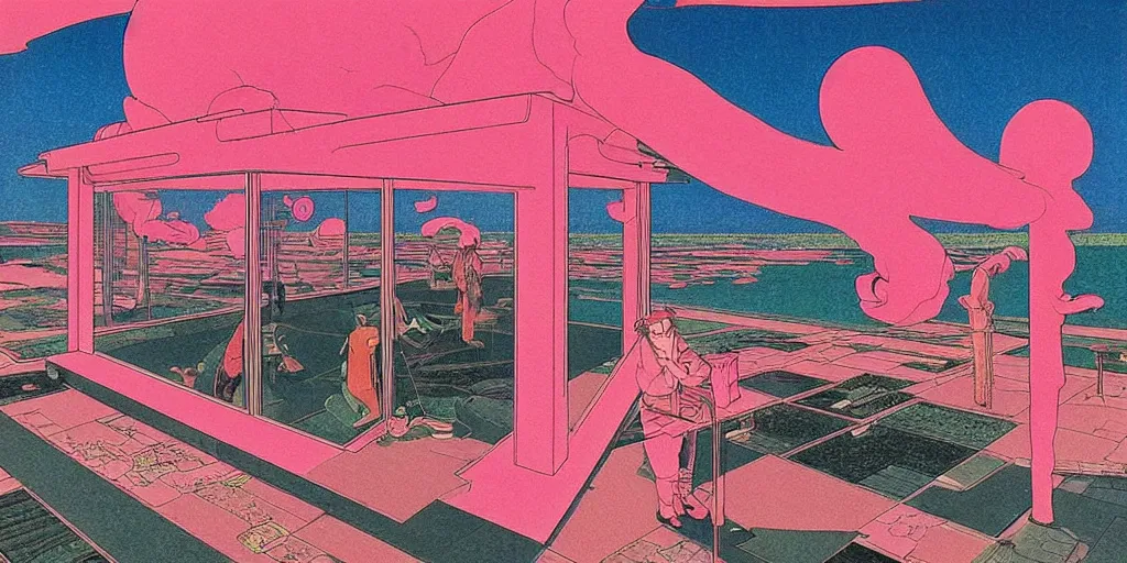 Prompt: gigantic faces that shoot pink lasers, a lot of glass around, shrimps are all over the ground, acid and dreaming psychedelic hallucinations, by kawase hasui and edward hopper and moebius, colorful flat surreal design, super - detailed, a lot of tiny details, fullshot