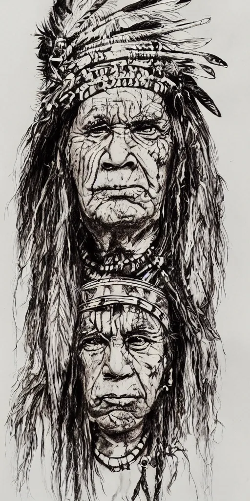 Image similar to a detailed loose wild messy ink sketch portrait of a Native American shaman in the style of Ralph Steadman, caricature, dramatic with sepia watercolor fill