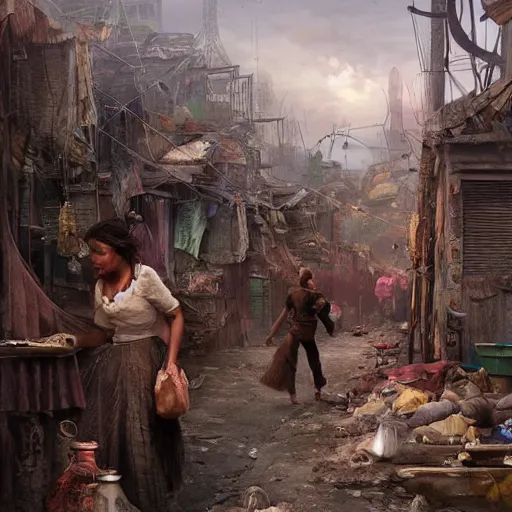 Image similar to slum neighborhood in lord of the ring world, fantasy, on artgerm, ilya yefimovich repin style, hyperrealistic content, high definition content, intricate, delete duplicate content, justify content center, ultra detailed content, realistic human content, 5 dark tone colors