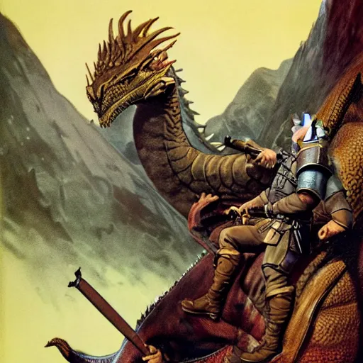Image similar to geralt of rivia examines a sleeping dragon detailed american wwii propaganda poster by james gurney and pixar