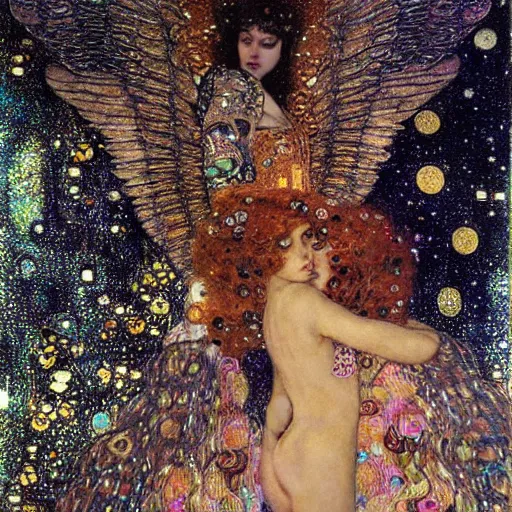 Image similar to dreamy angels, full clothes, cybernetic, in the cosmos, intricate detail, klimt, royo,