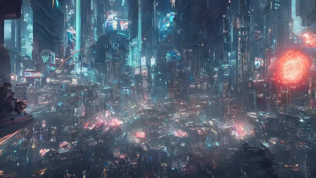 Image similar to a gem meteorite destroying a dystopian city, cyberpunk, sharp focus, dynamic lights, still, photograph, hyper realistic, masterpiece, octane render, rendered, 3 d, cinematic, cinematic lighting, dramatic lighting, highly detailed, intricate details, texture, cinematic composition, wide shot, by donglu yu and kevin jick and eddie del rio