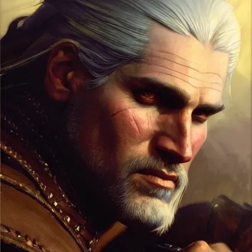 Image similar to geralt of rivia and jaskier. close up of their faces. natural lighting. highly detailed painting by gaston bussiere, j. c. leyendecker, greg rutkowski 8 k