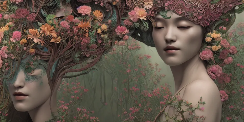 Image similar to breathtaking detailed concept art painting art deco pattern of gaea faces goddesses amalgamation flowers, by hsiao - ron cheng, bizarre compositions, exquisite detail, extremely moody lighting, 8 k