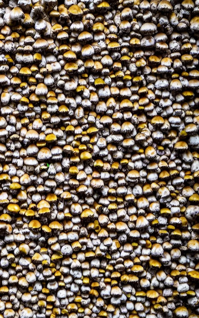 Image similar to photo of a wall covered in hundreds of pictures of mushrooms with hundreds of pictures of mushrooms in the shape of a mushroom, 8k