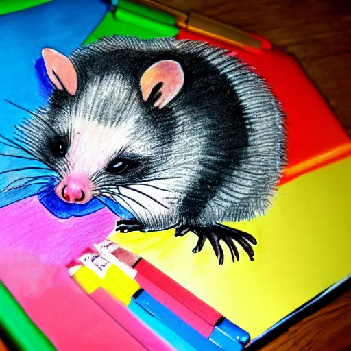 Image similar to an opossum holds up some crayon drawing. hd digital photography of an opossum