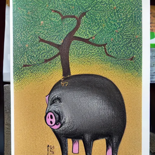 Image similar to pig on a hill next to a tree, style from aoshima chiho