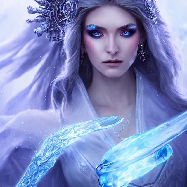 Image similar to beautiful elemental ice witch with ornate robes and staff, highly detailed, 4 k, hdr, smooth, sharp focus, high resolution, award - winning photo, artgerm, photorealistic