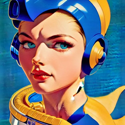 Image similar to head and shoulders portrait of a female Megaman, illustration, medium shot, intricate, elegant, highly detailed, digital art, ffffound, art by gil elvgren and JC Leyendecker and sachin teng