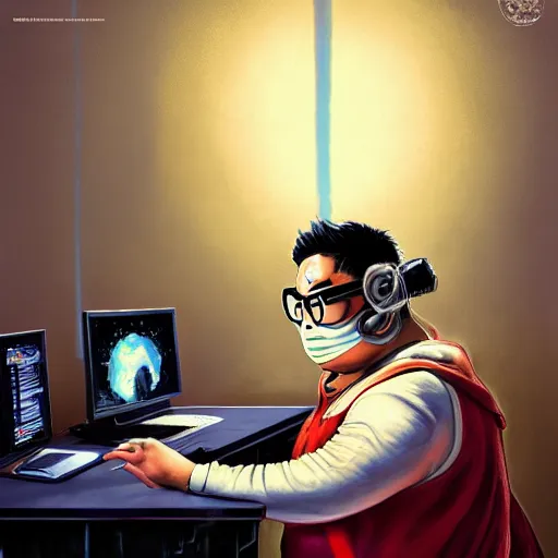 Image similar to an insanely detailed painting of a chubby nerdy asian man wearing a homemade superhero costume and mask, sitting at a computer desk typing on the keyboard, in the style of peter mohrbacher, dramatic lighting and composition, trending on artstation, concept art, comic book, graphic novel, back view