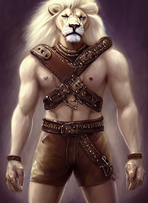 Image similar to aesthetic portrait commission of a of a male fully furry muscular anthro albino lion wearing attractive leather harness and shorts with a tail and a beautiful attractive hyperdetailed face r, safe for work (SFW). Character design by charlie bowater, ross tran, artgerm, detailed, inked, award winning film poster painting