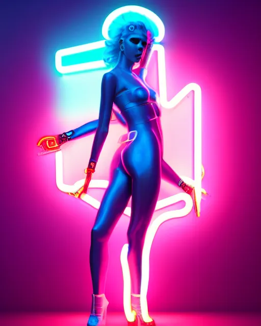 Image similar to ultra realistic cyber neon queen, neon lighting, retro futurism, full body pose, thick fancy eyeliner, hyper photorealistic, crispy quality, digital photography, trending on artstation, cinematic, 4 k ultra hd, art by pascal blanche, art by greg rutkowski