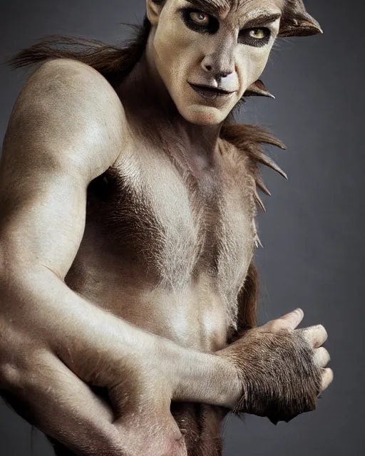 Prompt: actor Tom Cruise in Elaborate Pan Satyr Goat Man Makeup and prosthetics designed by Rick Baker, Hyperreal, Head Shots Photographed in the Style of Annie Leibovitz, Studio Lighting