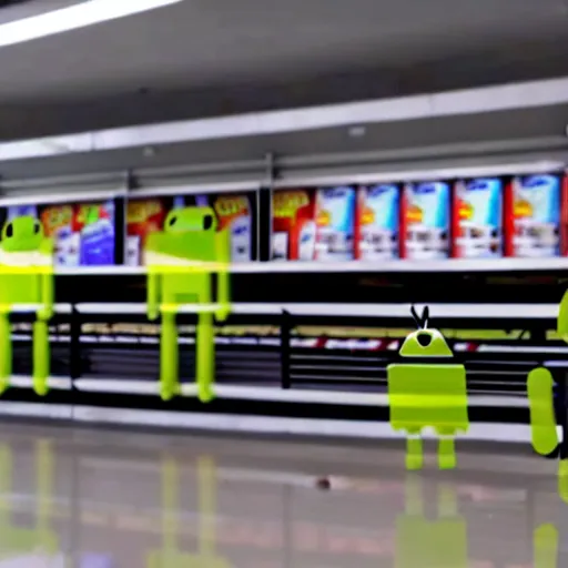 Image similar to abandoned robot android factory in a convenience store, damaged camcorder video