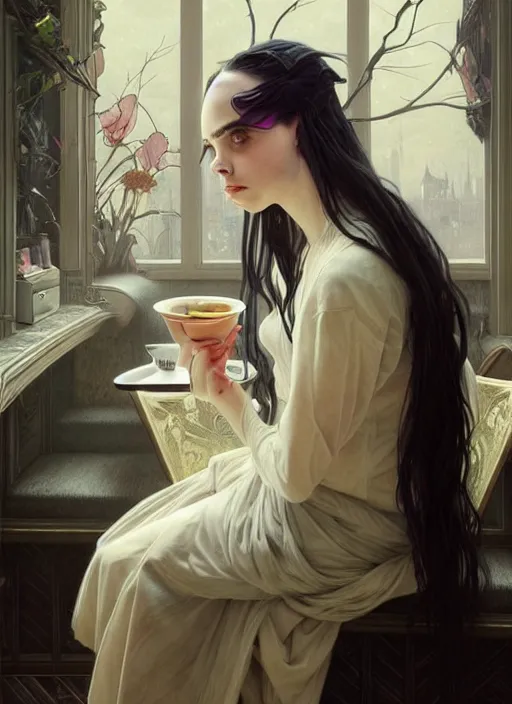 Image similar to Billie Eilish, sitting in a cafe, fantasy, intricate, elegant, highly detailed, digital painting, pale skin, artstation, concept art, matte, sharp focus, illustration, art by Artgerm and Greg Rutkowski and Alphonse Mucha