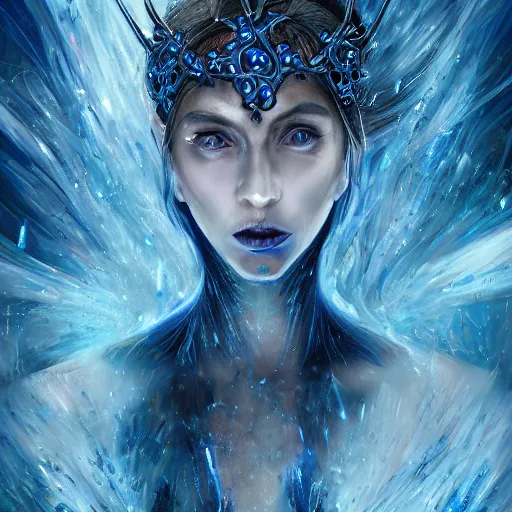 Prompt: masterpiece portrait of an aesthetic mage woman, ice spell, 3 0 years old woman, thin facial features, black dynamic hair, wearing silver diadem with blue gems inlays, silver necklace, painting by joachim bergauer and magali villeneuve, atmospheric effects, chaotic blue sparks dynamics in the background, intricate, artstation, fantasy