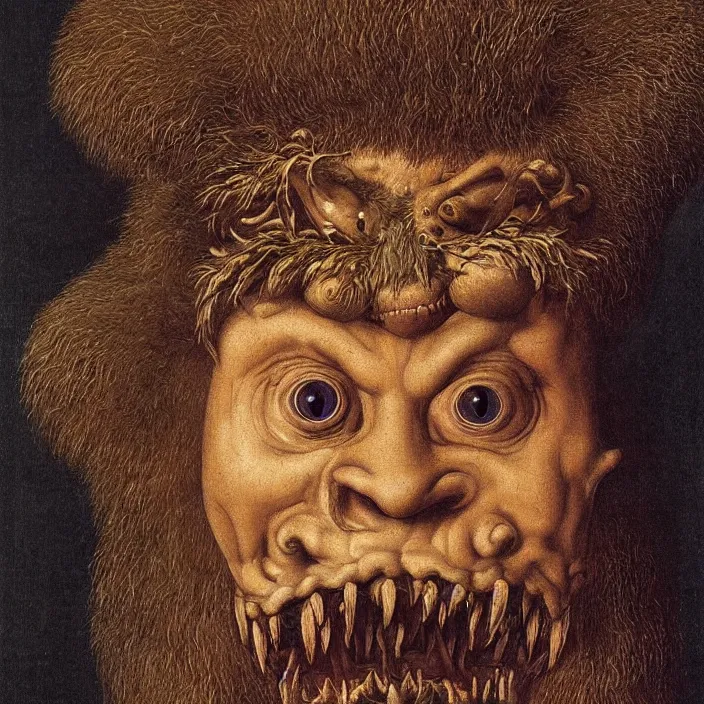 Image similar to close up portrait of a mutant monster creature with crooked boar - like teeth, flower iris eyes, ingrown nose, spidery mustache, lace and manbun. jan van eyck