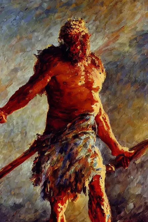 Image similar to highly detailed palette knife oil painting of a historically accurate depiction of the ancient biblical philistine giant warrior Goliath of Gath, fierce, menacing, by Peter Lindbergh, impressionistic brush strokes, painterly brushwork