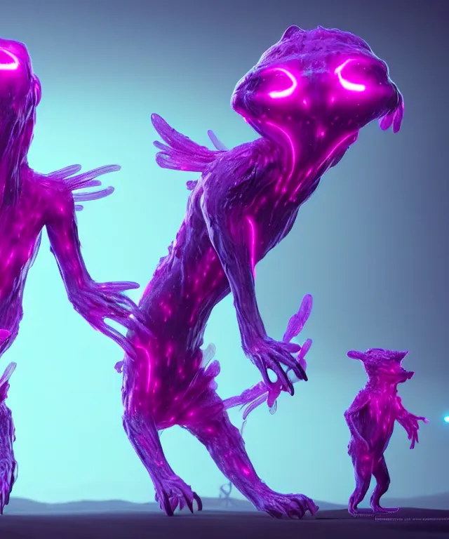 Image similar to twin creatures made of bioluminescence slimy skin, fantasy, elegant, crisp 8 k line art, digital painting, artstation, unreal engine, octane render, emissive lighting, concept art, matte, sharp focus, hyper realistic lighting, illustration, deep royal blue and pink color scheme, art by dave kendall