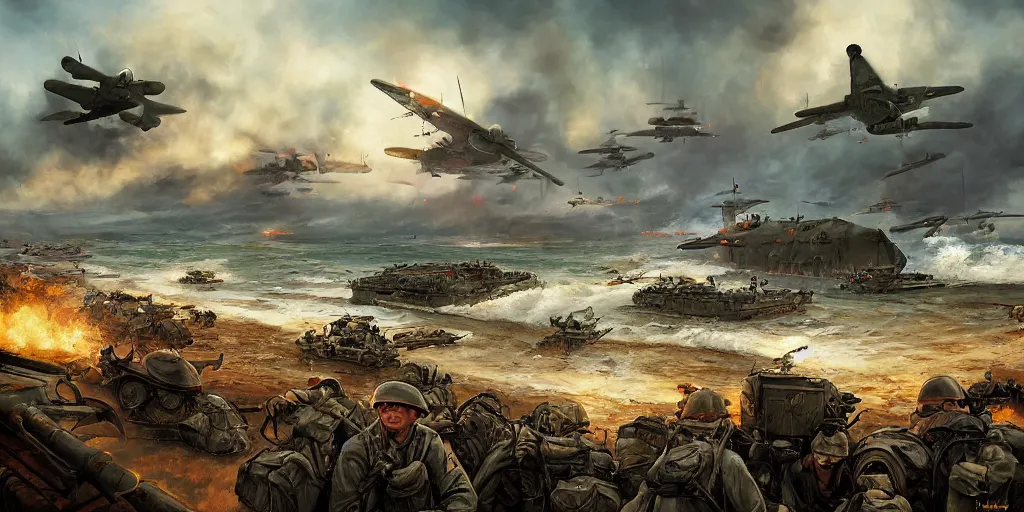 Prompt: d-day landing, german side, ww2, world war 2, wide shot, landscape, by Jason Felix by Steve Argyle by Tyler Jacobson by Peter Mohrbacher