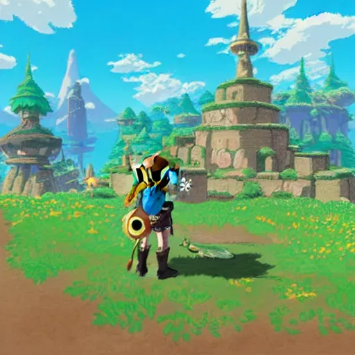 Image similar to studio ghibli themed breath of the wild Hyrule castle, without Link