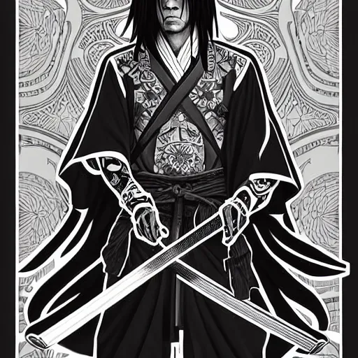 Image similar to silhouette of a heavily tattooed Kenshin the Samurai Warrior illustration, medium shot, intricate, elegant, highly detailed, digital art, ffffound, art by JC Leyendecker and sachin teng