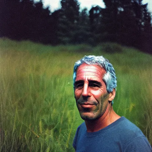 Prompt: jeffrey epstein in the middle of a meadow accidentally photographed, accidental photo portra 8 0 0 in the 9 0 s