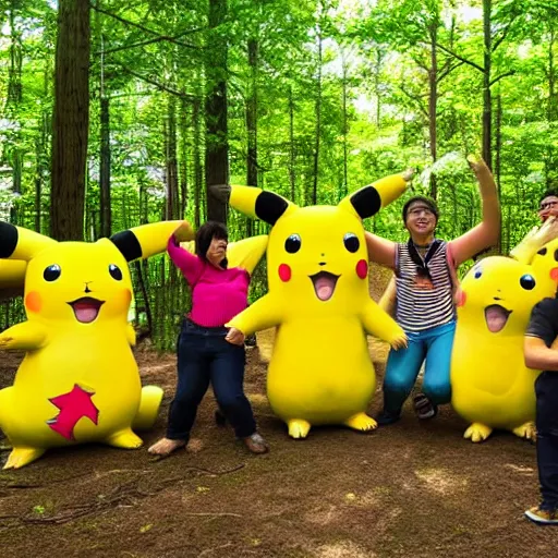 Image similar to photograph of a group of people worshipping a giant pikachu in a forest