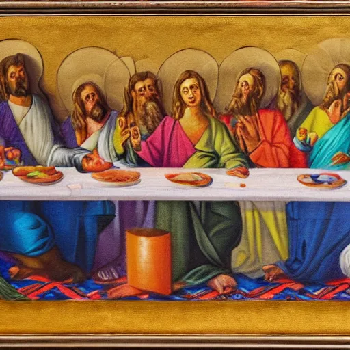 Prompt: last supper, drawn by Alexander Gurevich, oil painting on canvas