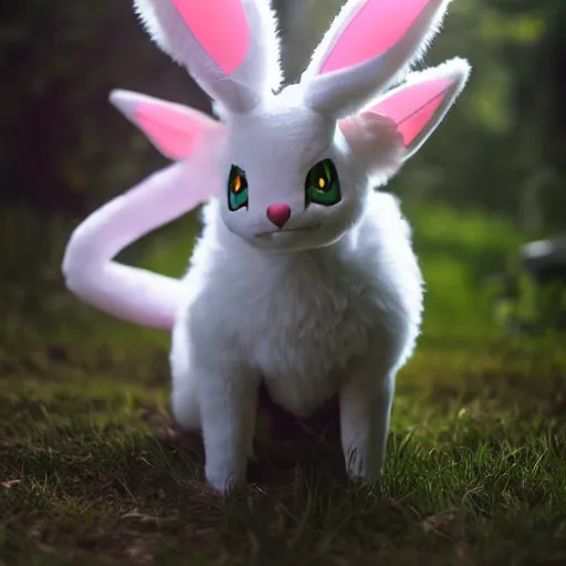 Image similar to real life pokemon sylveon, sylveon, cute, fluffy, ultra realistic, cinematic lighting, high resolution photo