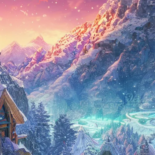 Image similar to the aesthetic view of the beautiful, grand, wistful, dreamy snowcapped mountain at dusk, hyperrealistic anime illustration by iralki nadar, colorful, extremely detailed, intricate linework, super sharp focus, bright colors, octopath traveler, studio ghibli, unreal engine 5 highly rendered, global illumination, radiant light, detailed and intricate environment