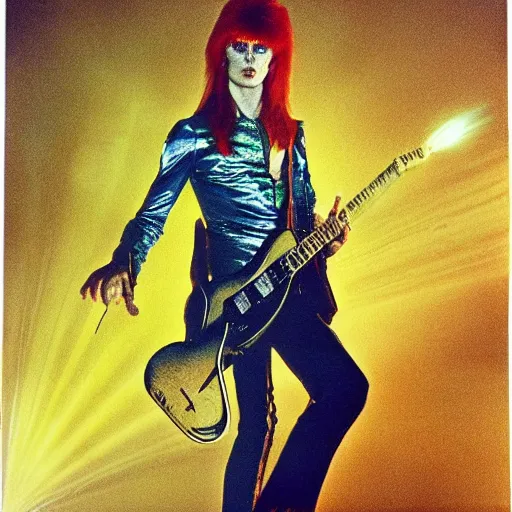 Image similar to Pre-Raphaelite portrait of 1970s David Bowie, ziggy stardust playing flying V guitar, single lighning strike in background. Flash Gorden