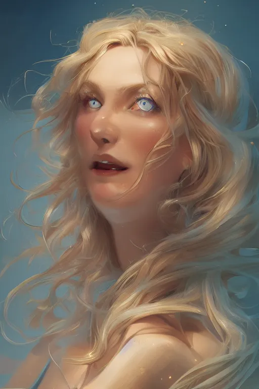 Image similar to an insanely detailed portrait of a beautiful woman facing you, highly detailed features, sparkling blue eyes, long eyelashes, long golden blonde hair, beautiful smile, in the style of peter mohrbacher, artgerm, dramatic lighting and composition, octane render, trending on artstation, concept art 8 k