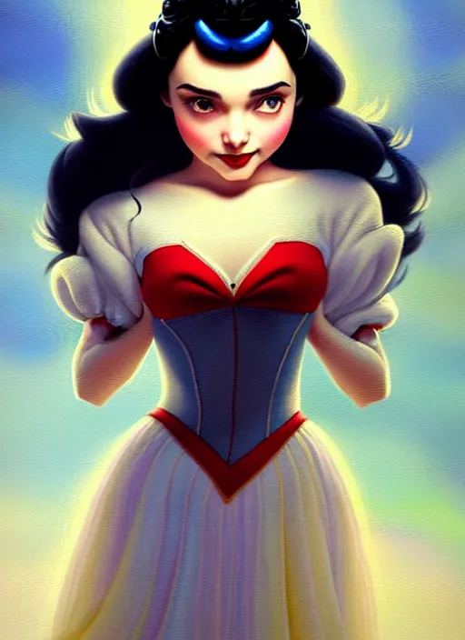 Image similar to disney snow white ( ( ana de armas ) ), dreamscape, sultry, cute, adorable, girl, masterpiece, intricate, elegant, highly detailed, my rendition, digital painting, artstation, concept art, smooth, sharp focus, illustration, art by greg rutkowski and uang guangjian and gil elvgren and sachin teng, symmetry!!