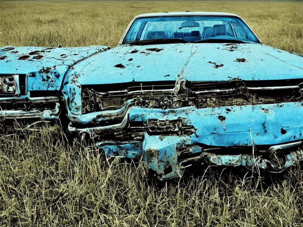 Prompt: A long shot photograph of a rusty, worn out, broken down, decrepit, run down, dingy, faded, chipped paint, tattered, beater 1976 Denim Blue Dodge Aspen in a farm field, photo taken in 1989