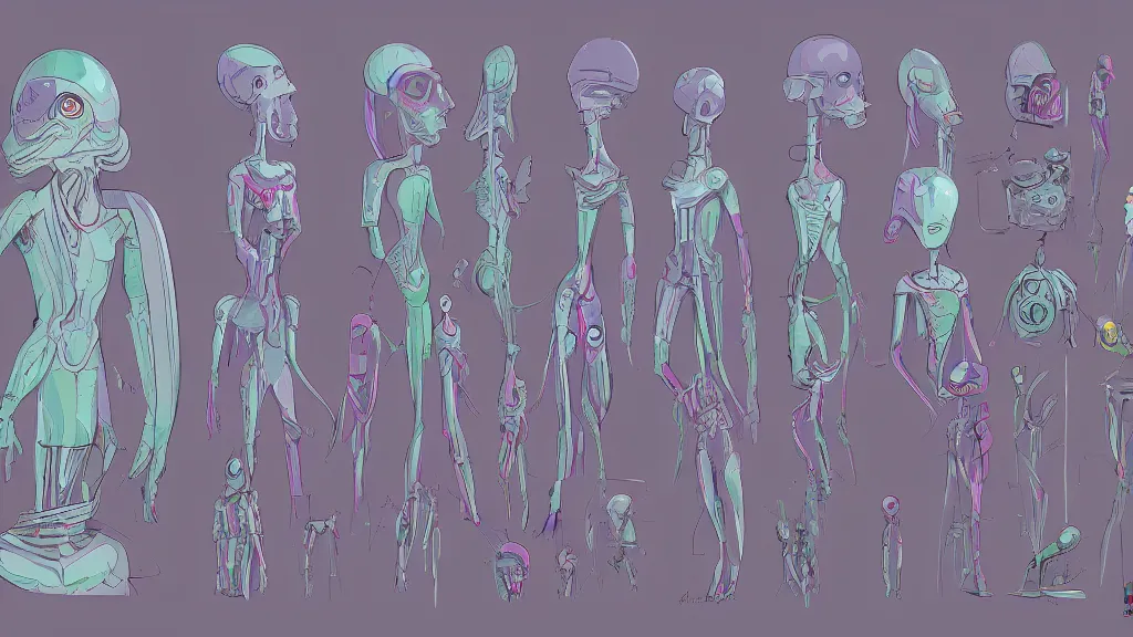 Image similar to concept art, colorful character sheet for an androgynous extraterrestrial with large bulbous head, religious robes, retrofuture, fantastic planet, moebius, valerian, coherent, illustration, digital art, trending on artstation, hd, 8 k, good lighting, beautiful, rough paper, masterpiece