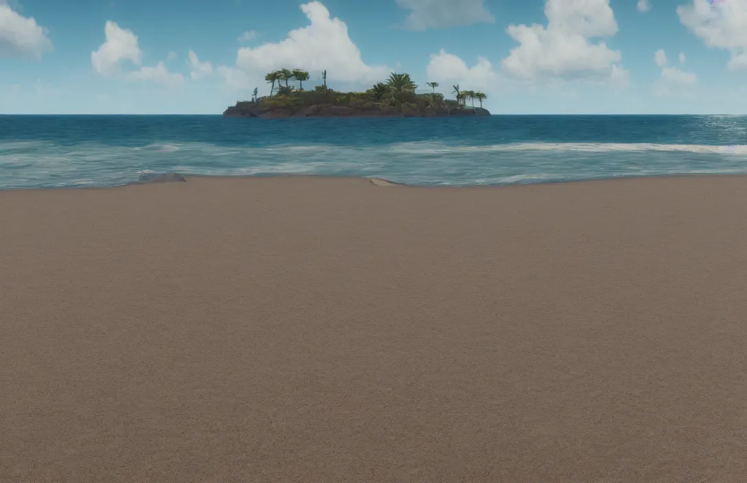 Image similar to on the beach by the sea, afternoon, very real, unreal engine rendering