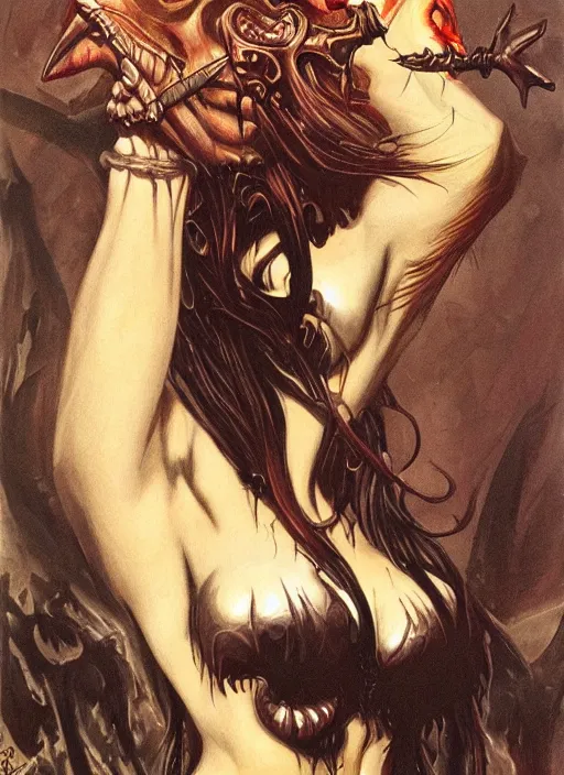 Prompt: portrait of demoness warrior, black iron tiara, strong line, deep color, forest, beautiful! coherent! by boris vallejo, by frank frazetta, minimalism