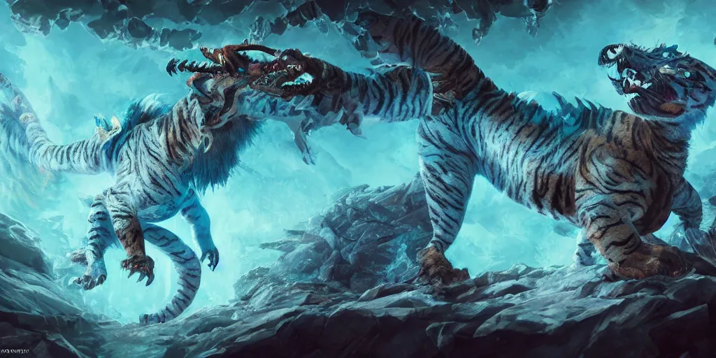 Image similar to Ghostly tiger creature made out of turquoise energy character design sheet, Monster Hunter Illustrations art book, Bright sparks, claws, huge sabertooth fangs, Moebius, Greg Rutkowski, Zabrocki, Karlkka, Jayison Devadas, Phuoc Quan, trending on Artstation, 8K, ultra wide angle, zenith view, pincushion lens effect.