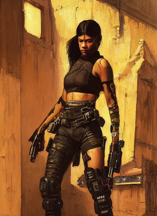 Prompt: Isabel igwe. cyberpunk mercenary wearing a military vest and combat jumpsuit. (Cyberpunk 2077, bladerunner 2049). Iranian orientalist portrait by john william waterhouse and Edwin Longsden Long and Theodore Ralli and Nasreddine Dinet, oil on canvas. Cinematic, vivid color, hyper realism, realistic proportions, dramatic lighting, high detail 4k