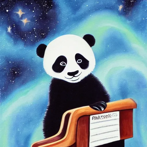 Prompt: painting of a panda playing piano at the edge of the galaxy wearing an astronaut uniform and laughing