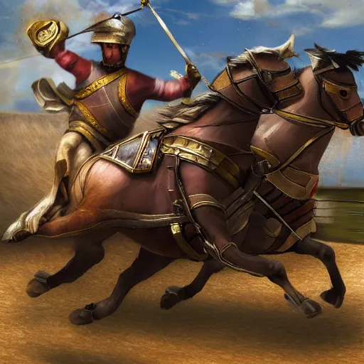 Prompt: roman chariot drawn by horse jumping a half pipe, fish lense, video game cover