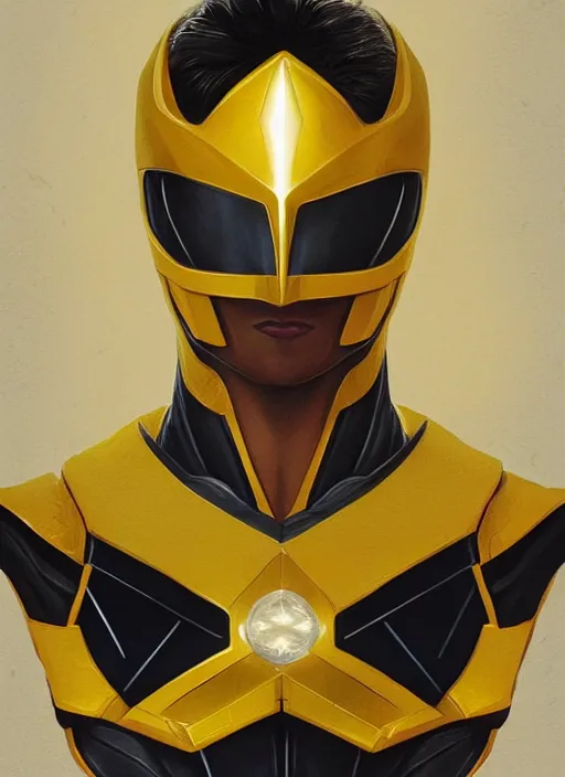 Image similar to portrait, head and torso only, yellow ranger, trending on artstation, concept art, movie poster, fine detail, extremely detailed, sharp focus, smooth, digital illustration, by rossdraws, frank franzzeta, sakimichan, corrected hand, perfect hands, 4 k