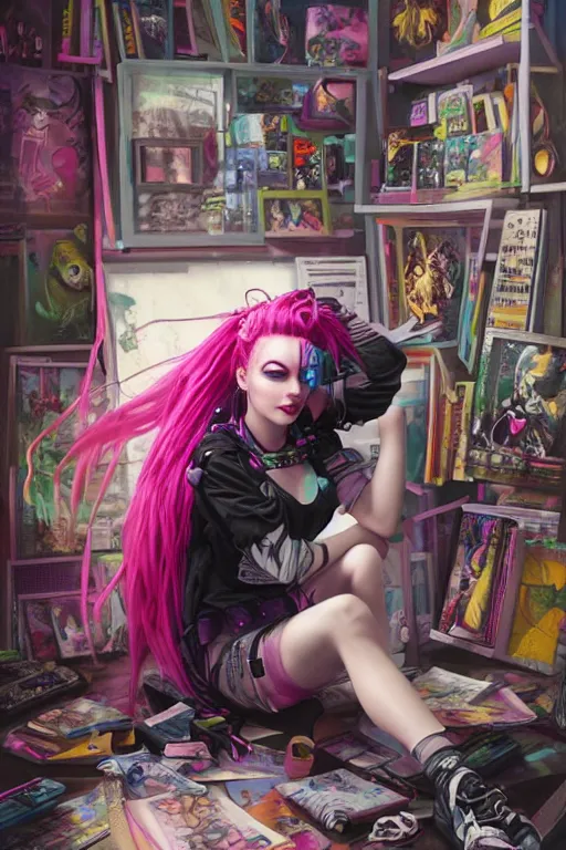 Image similar to cybergoth girl with pink dreads sitting on the floor of a cluttered 9 0 s bedroom reading a book by artgerm, tom bagshaw, gerald brom, vaporwave colors, lo - fi colors, vaporwave, lo - fi, 4 k, hd,