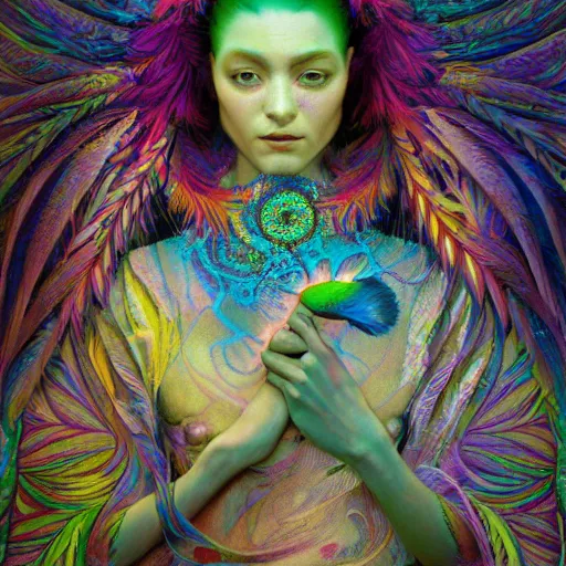 Image similar to A reality bending psychedelic ayahuasca experience, colorful, distorted, surreal, tropical bird feathers, dramatic lighting on the face, intricate, elegant, highly detailed, digital painting, concept art, smooth, sharp focus, illustration, art by Krenz Cushart and Wayne Barlowe and alphonse mucha